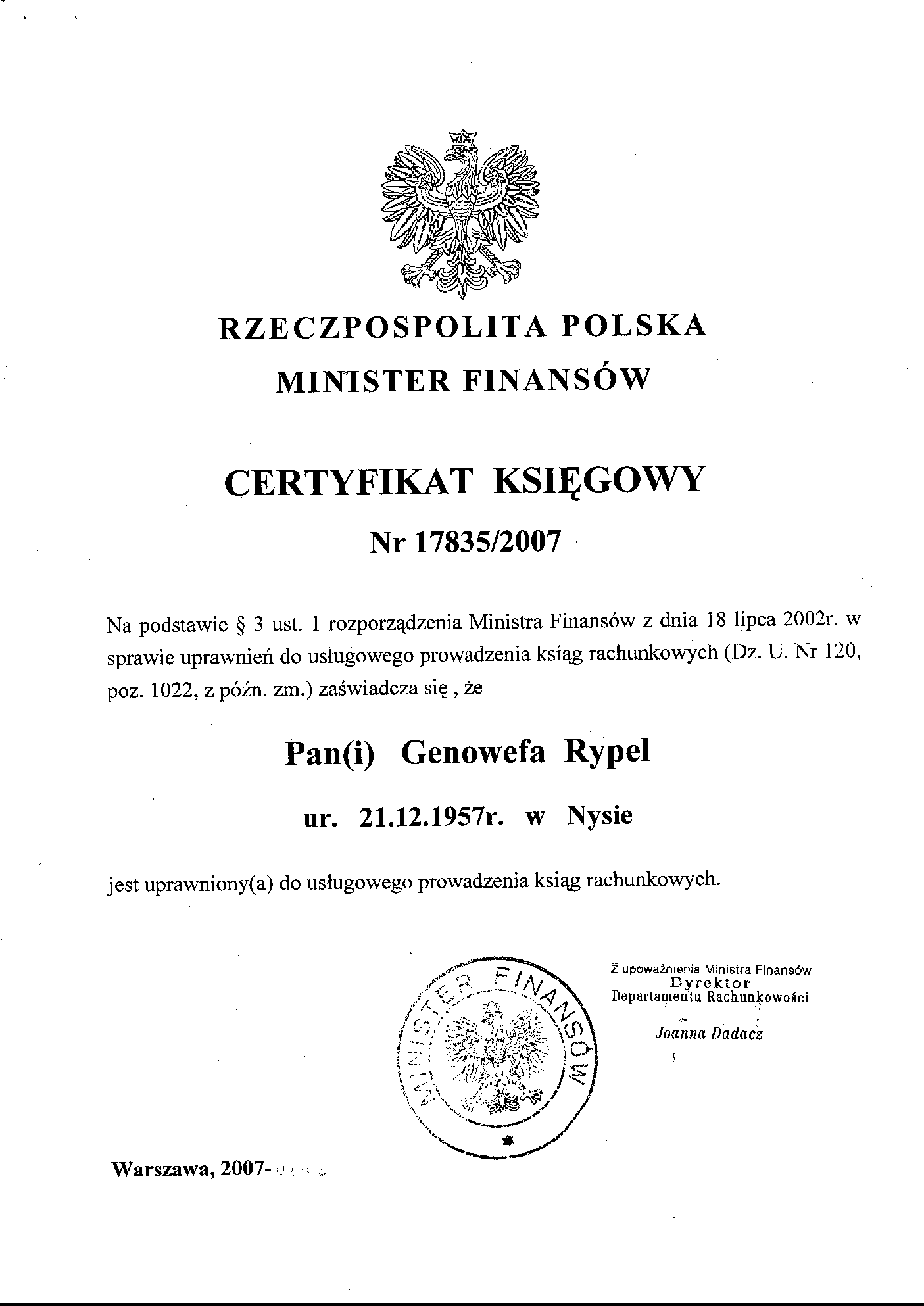 Certyfikat Julka